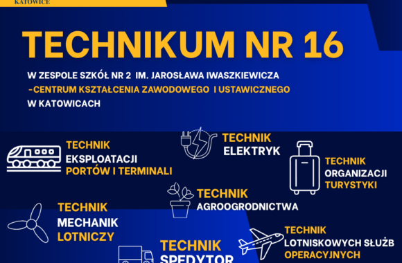 Plakat reklamujący technikum nr 16, technik eksploatatcji portó i terminali, technik mechanik lotniczy, technik elektryk, technik agroogrodnictwa, technik spedytor, technik organizacji turystyki, technik lotniskowych służb operacyjnych..